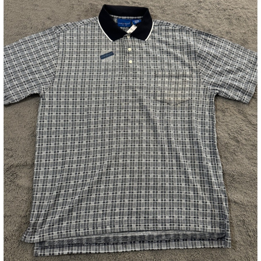 Towncraft Polo Shirt Men L Black White Plaid Vintage Quick Dri Short Sleeve Golf